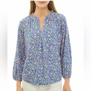 Wonderly Petite S Blue Floral 3/4 Sleeve V-Neck Peasant Blouse Viscose Stretch
